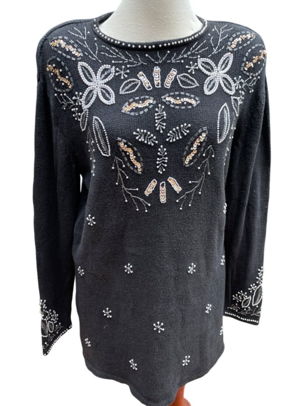 Beaded Tunic Sweater Black Embellished Floral Ramie & Cotton Women's Medium